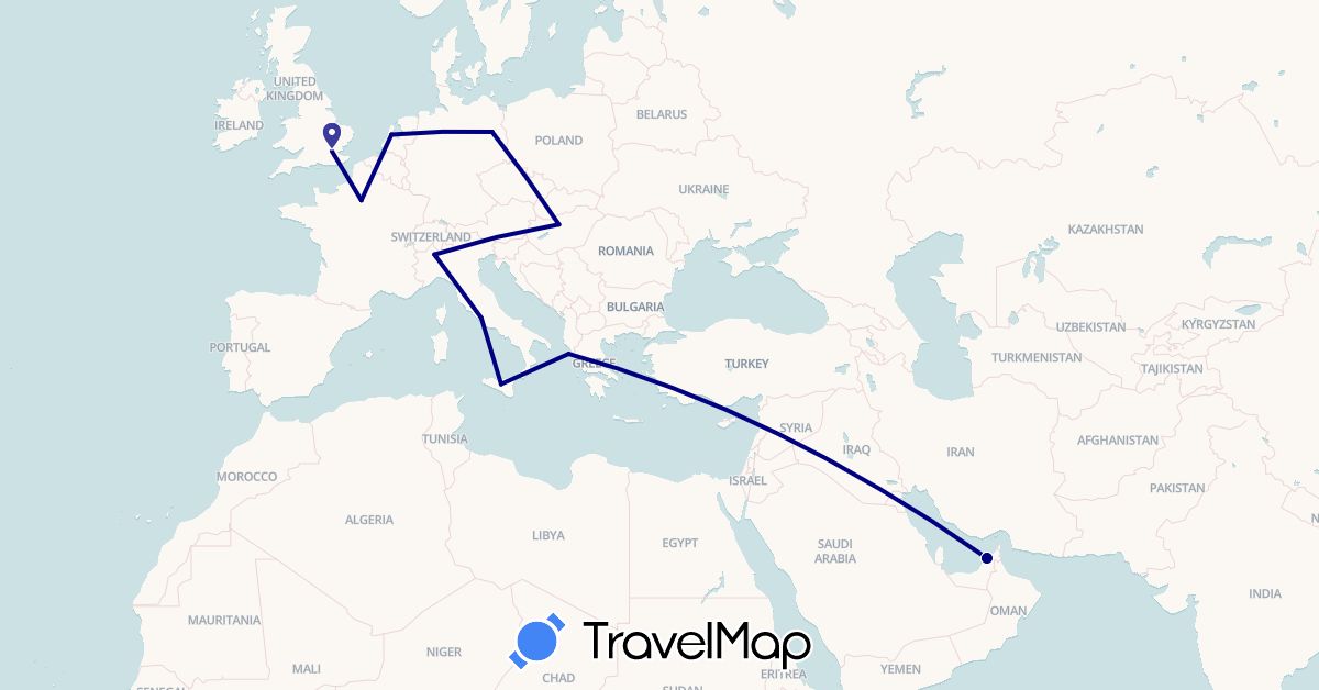 TravelMap itinerary: driving in United Arab Emirates, Germany, France, United Kingdom, Greece, Hungary, Italy, Netherlands (Asia, Europe)