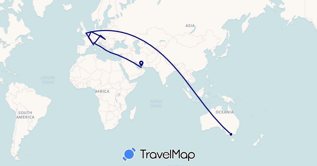 TravelMap itinerary: driving in United Arab Emirates, Australia, Czech Republic, France, United Kingdom, Greece, Hungary, Italy, Netherlands (Asia, Europe, Oceania)