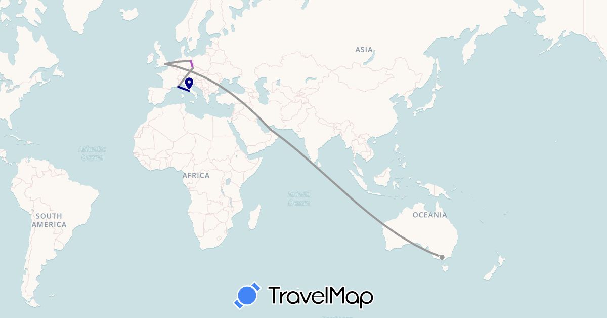 TravelMap itinerary: driving, plane, train in United Arab Emirates, Australia, Czech Republic, Germany, France, United Kingdom, Italy (Asia, Europe, Oceania)
